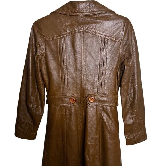 Vintage 70s Leather Wet Look Light Brown Trench Coat Womens - Picture 5 of 8